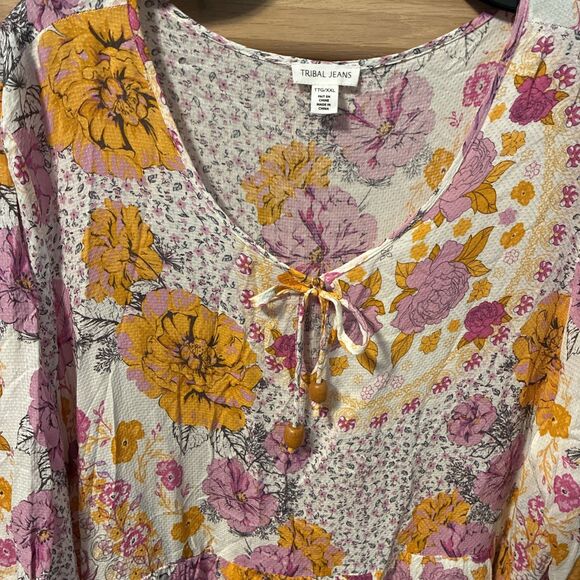 Tribal Jeans Ruffled Floral Boho Dress with 3/4 Sleeves Womens Sz XXL - Picture 3 of 8